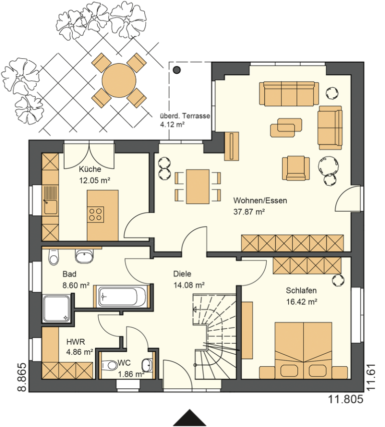 Typ-24 Bungalow Grundriss Erdgeschoss mit überdachter Terrasse | Kalobau